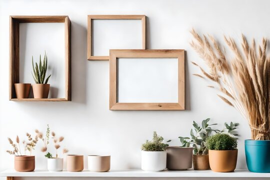 Scandinavian room interior with mock up photo frame on the wooden modern shelf with beautiful dry grass in different design pots