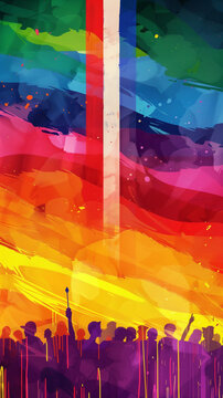 Colorful crowd under a rainbow paint drip effect, French flag overlay.