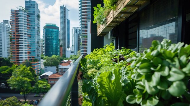 A high-rise balcony garden flourishing with vibrant green lettuce herbs