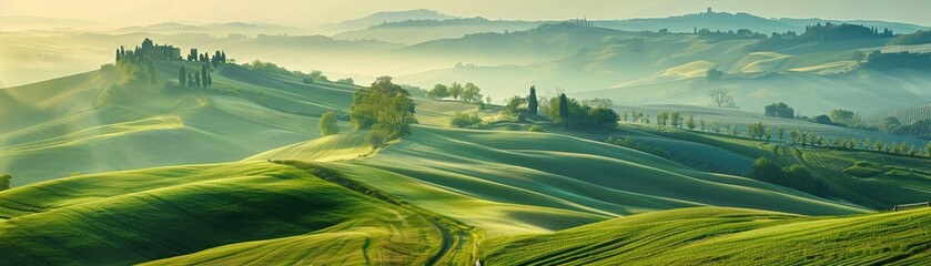 A picturesque landscape of sunlit green rolling hills with a winding path.
