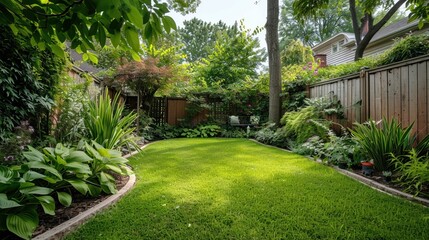 A private and expansive backyard garden enclosed by a natural wood fence