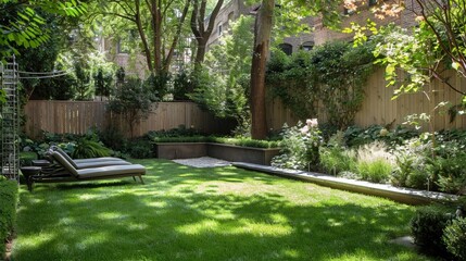 A private and expansive backyard garden enclosed by a natural wood fence