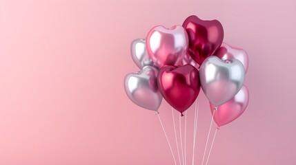Shiny white, silver, pink, and red balloons on light pink background