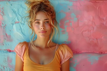 A woman lying on a pink and blue blanket, with a happy smile on her face