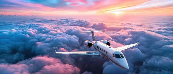 A private jet soars high above the clouds against a beautiful sunset - obrazy, fototapety, plakaty