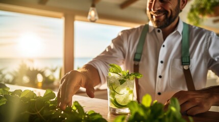 Bartender at nautical beach bar garnishes mojito sunset over ocean backdrop