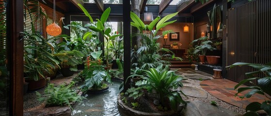 A serene indoor garden oasis filled with an array of exotic plants