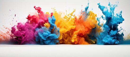 a row of colorful ink splashes on a white background . High quality