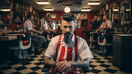 Classic barbershop scene barber styles pompadour checkerboard floor retro feel - obrazy, fototapety, plakaty