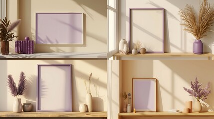 an image of a minimalist beige home interior with a purple mockup frame and artistic decorations on a shelf using AI