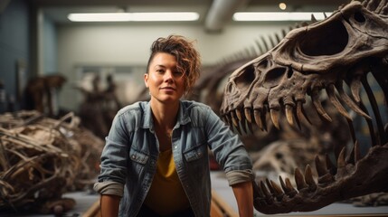 Museum paleontologist assembles dinosaur skeleton fossils and educational backdrop