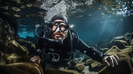 Discovering marine fossils underwater paleontologist in cave stunning water clarity - obrazy, fototapety, plakaty