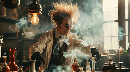 An Eccentric scientist with wild hair in a steampunk-inspired laboratory with smoke and sparks.
