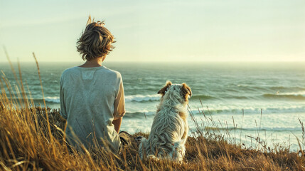 A boy and a dog sitting on a cliff at the sea and looking at the horizon