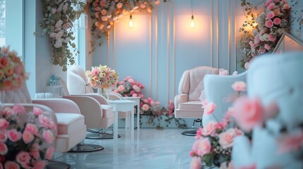an image of a romantic and elegant nail business room with soft grey lighting and floral arrangements