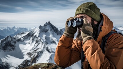 Fototapeta na wymiar Mountainous wildlife observation by geographer binoculars in hand alpine beauty