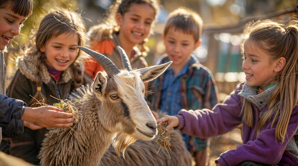 Group of happy children are feeding a domestic goat in a petting zoo