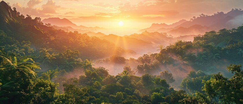 The sun rises over a lush forested mountain landscape