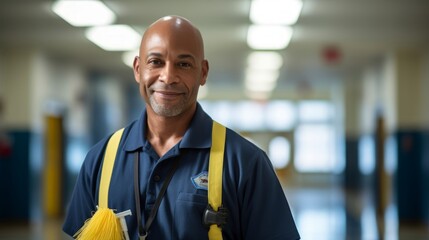 Janitor readies for school cleaning bright hallway mop and bucket in hand
