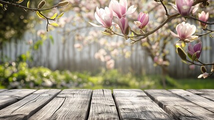 ピンクの木蓮の花と木のテーブル