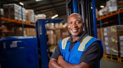 Forklift operation by warehouse janitor blue jumpsuit neat box arrangement