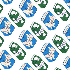 Seamless pattern with milk packaging cartoon. Flat design for textile, wallpaper. Vector illustration on a white background.