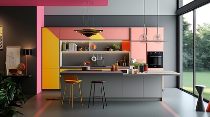 an image of a modern grey kitchen with a pop of color and playful design elements