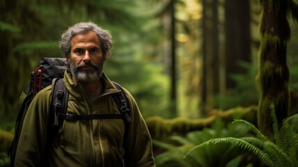 Obraz premium Temperate rainforest botanist towering trees mossy rocks awe of old-growth forests