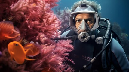 Marine botany exploration botanist studies coral reefs underwater vegetation insight - obrazy, fototapety, plakaty