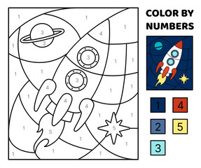 Rocket in open space. Color by number. Coloring page. Game for kids. Kawaii, cartoon, vector