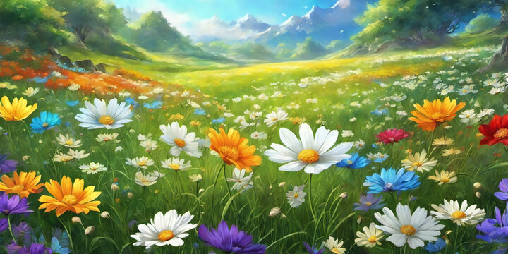 Spring landscape, blossoming field with green grass, colored flowers, blue sky with clouds, trees and mountains on the horizon. Nature illustration.