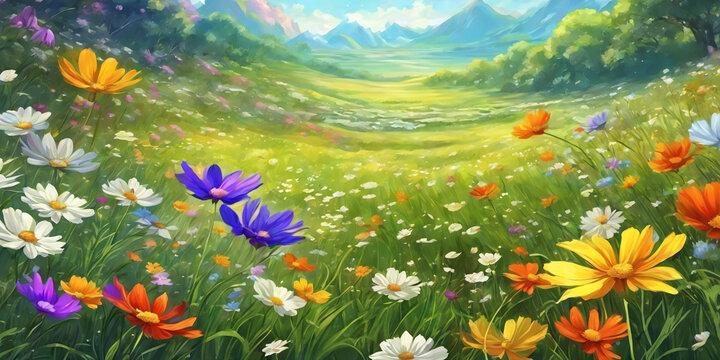 Spring landscape, blossoming field with green grass, colored flowers, blue sky with clouds, trees and mountains on the horizon. Nature illustration.