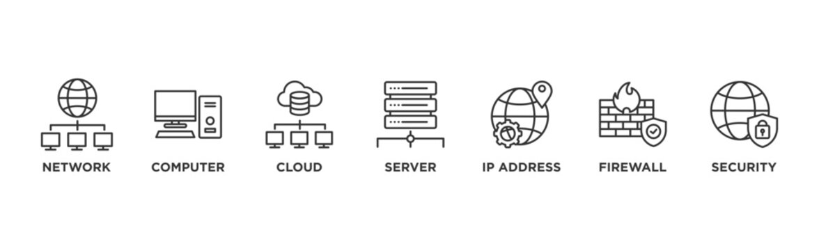 Network technology banner web icon vector illustration concept with icon of network, computer, cloud, server, ip address, firewalland security	