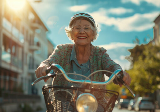 Photo of happy senior woman riding bicycle in city, blue sky, sunlight, city street