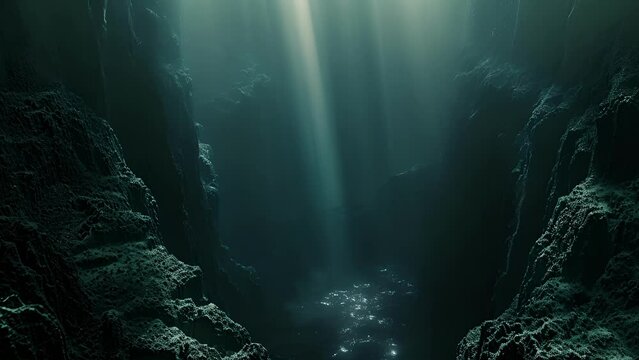 An eerie and dark underwater scene with a deep valley appearing to swallow up the seabed. This is a prime example of an oceanic trench formed by the movement and shifting