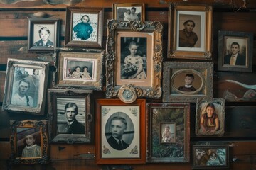 Various framed family photos are arranged on a wall, creating a collage that captures the shared history and memories of a family