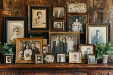 Various framed family photos arranged on a mantle, showcasing shared history and memories of the family