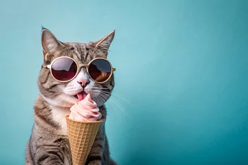 Foto auf Alu-Dibond Funny cat wearing sunglasses and eating ice cream cone on solid color background © Ajay