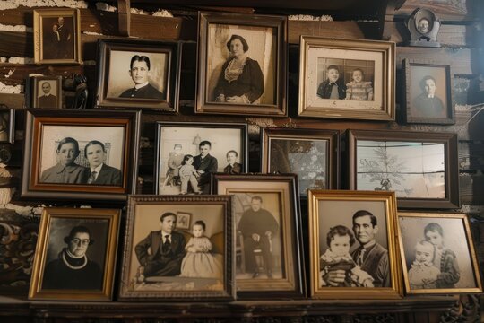 Collection of framed family photos arranged in a collage on a wall, showcasing shared history and memories