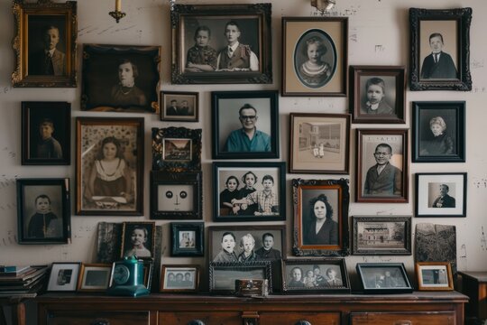 A variety of framed family photos hang in an abstract collage on a wall, portraying shared history and memories