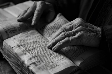 Closeup of hands holding an open book, flipping through pages of sacred text or scripture,...