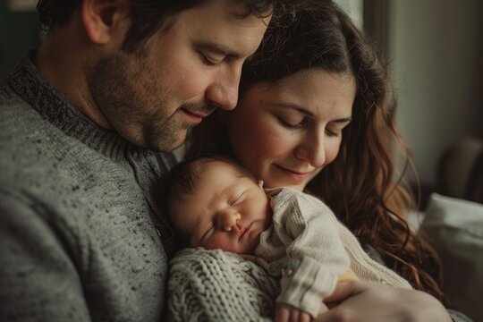 A closeup shot of a man and woman tenderly holding their newborn baby, showcasing the bond between parent and child