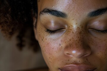Detailed close-up of a womans face with closed eyes and freckles, expressing tranquility and calmness