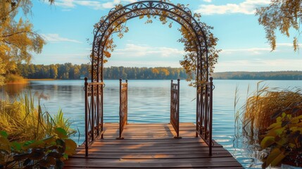 Lakeside Wooden Pier with Metal Arch Canopy, A serene wooden pier with an ornate metal arch canopy...
