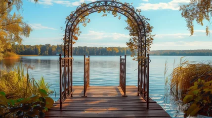 Poster Lakeside Wooden Pier with Metal Arch Canopy, A serene wooden pier with an ornate metal arch canopy overlooks a tranquil lake surrounded by autumn foliage. © petrrgoskov