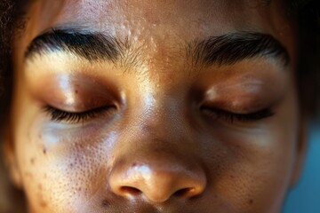 Detailed closeup of a persons face with closed eyes, showcasing a serene expression that conveys inner peace