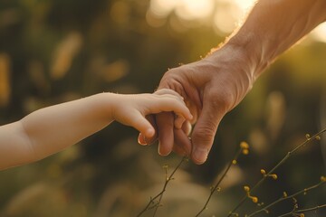 A detailed closeup of a childs hand reaching out to hold a parents hand, showcasing love and trust between parent and child - obrazy, fototapety, plakaty