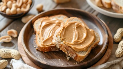 Obraz na płótnie Canvas Peanut butter on a slice of bread over table, healthy traditional sandwich