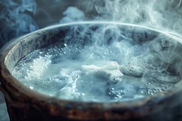 A pot filled with boiling water sits atop a stove, steam rising from the surface