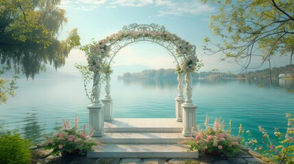 Floral Archway Overlooking Serene Lake Landscape, An enchanting floral archway adorned with blossoms on a lakeside wooden platform provides a picturesque view of a calm lake and distant hills. - obrazy, fototapety, plakaty
